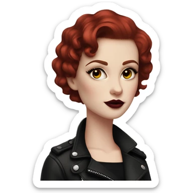 Girl with very pale skin, bright red curly short hair with a side part, black cat-eye makeup, long eyelashes, dark maroon blush and lipstick.  Her eyebrows are dark, arched and very high.  Hazel eyes. Big lips. Thin. Wearing a black biker jacket  sticker