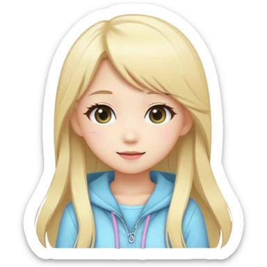 Cute kawaii emoji-style Japanese K-pop girl, blonde long hair , trendy K-pop outfit with Japanese cute fashion vibes, big sparkling eyes, chibi proportions, clean lineart, pastel colors, cheerful idol smile, sticker/emoji style, transparent background sticker