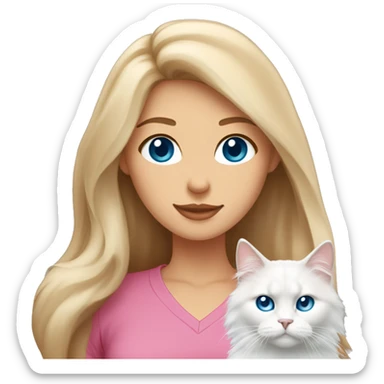 woman with long brown hair and pink shirt and holding a all white Siberian cat with blue eyes sticker