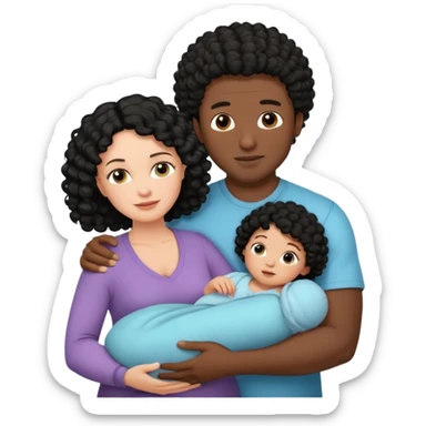 family: white woman curly black hair, black man with short black frizz hair, one 2 y o daughter , and a newborn in the and of the mother sticker