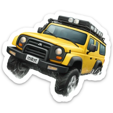 A four-wheel drive crossing a shallow river in a rainforest, with trees in the background and splashing water, representing versatility and strength. sticker