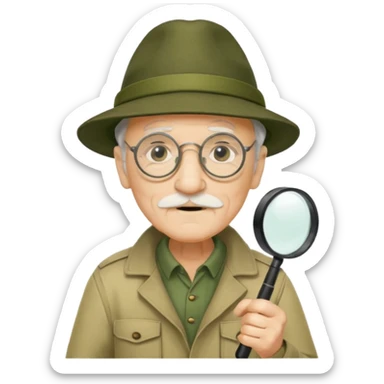 old man in beige moss green explorer outfit, wear black glass, hat, holding magnifying glass sticker