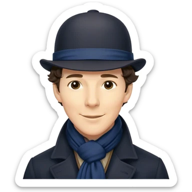 sherlock holmes benedict cumberbatch smile, wearing a deerstalker hat, Long dark coat, Dark suits, dark Blue scarf sticker