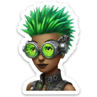 Neon green Mohawk hair female cyborg head with silver steampunk goggles and circuits sticker