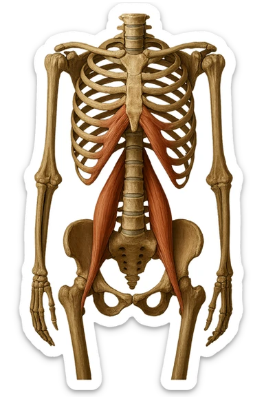 fai un immagine identica che riguarda IL MUSCOLO PSOAS i in evidenza (anatomicO) con colori naturali di un corpo umano. falla iperrealistica anatomica in 4k sticker