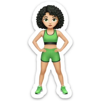 woman with olive skin and curly black hair wearing a green workout outfit (shorts) and standing in a disco pose sticker