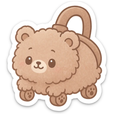 kawaii chibi style fluffy vacuum cleaner bear rolling adorably with tiny paw wheels, soft brown pastel, full-body sticker