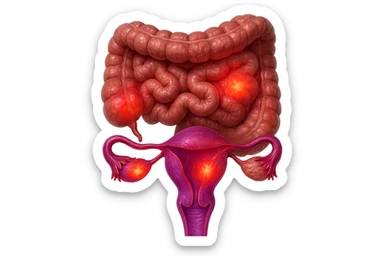 utero umano anatomico iperrealistico e intestino umano anatomico iperrealistico hanno in comune il dolore e l'infiammazione, rendi bene il collegamento tra i due organi doloranti, falla iperrealistica, non disegnata, fai colori che si adattano a questo viola #971ef1 sticker