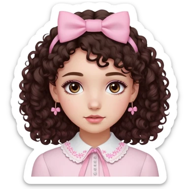 A fair-skinned girl with dark brown curly hair, wearing soft natural pink-toned makeup. She is dressed in a fitted long-sleeve white cotton blouse with tiny pink embroidered bows on the collar. She also wears a pink headband. sticker