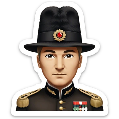 ​Cinematic Realistic Portrait of a Young Mustafa Kemal Atatürk, depicted wearing an iconic tall black fur hat along with traditional attire, his confident, visionary expression illuminated by warm, inspiring lighting, rendered with rich historical textures that capture his youthful dynamism and transformative leadership, sticker