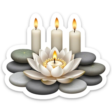 A photorealistic icon featuring lotus flowers, burning incense sticks, smooth round sea stones, and multiple small round candles arranged in a calming, tranquil setting. Soft, peaceful colors with detailed textures that evoke mindfulness and inner peace. Transparent background. sticker