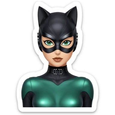 Full body Futuristic Catwoman blue green eyes with shiny patent leather mask, long false eyashes, most incredible highly detailed Futuristic seductive overall appearance  sticker
