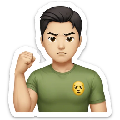 A determined Korean man in a greed shirt, clenching his fist with a confident expression. Emoji-style digital illustration sticker