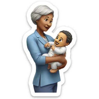 Create a 3d hyper realistic senior woman holding a baby  sticker