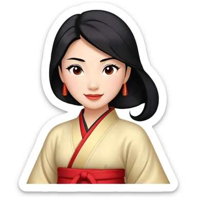 Cinematic Realistic Radiant Mulan Portrait, presenting Mulan with a warm, confident smile and lifelike light-toned skin that appears almost luminous under natural daylight. Her sleek black hair is rendered in meticulous detail, and her traditional robe—accented with understated red highlights—is depicted with realistic fabric textures and folds. The overall image exudes a gentle, inviting glow, high shine, and refined detail that captures her poised elegance and inner resilience in a painterly, authentic style. sticker