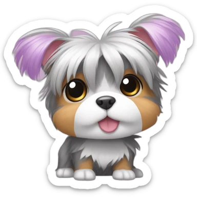 yorkshire terrier with grey hair with the tongue and two little pink hair-bow on the head with a purple nappy and a Hamtaro beside sticker