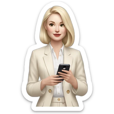 pale skin woman with ash blonde Straightened bob Hair, White Spacious classical jacket, beige palazzo Arrow pants and gray blouse holding white IPhone 14 pro in the hands sticker