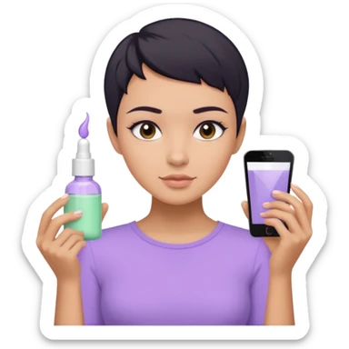 tan girl with pastel purple shirt with black hair & a pixie, doing her skin care sticker