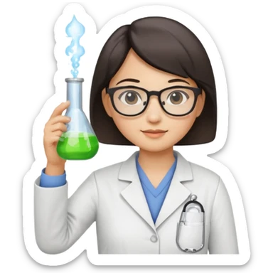 female asian chemistry teacher wearing glasses holdin a flask pointing right with straight short hair to her shoulders sticker