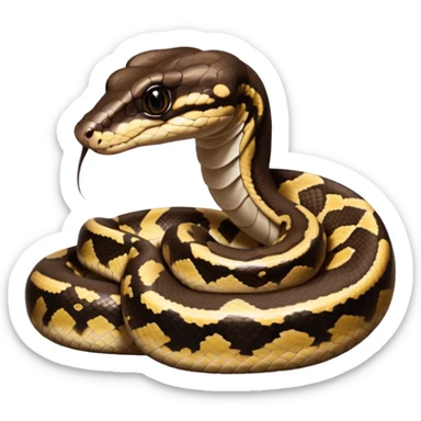 A photo-realistic digital illustration of a Ball Python, large headshot portrait. The snake has a short, rounded snout, smooth contours, and a calm, curious expression. Its head is warm brown with bold, irregular dark markings, including the signature “alien-head” pattern.  sticker