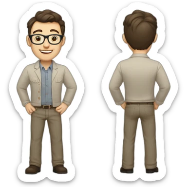 Joyful Full height Pale skinned Fit Man With dark brown hair in gray jacket, beige office shirt, Brown pants and vintage glasses. His thrumbs up sticker