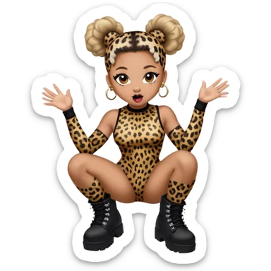 Melanie Brown with her hair in space buns and wearing a tight leopard print bodysuit and black combat boots, she’s showing off her tongue ring sticker