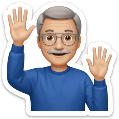 60 yr man partial brown hair parted in center, gray mustache, light glasses, sweatshirt waving hello sticker