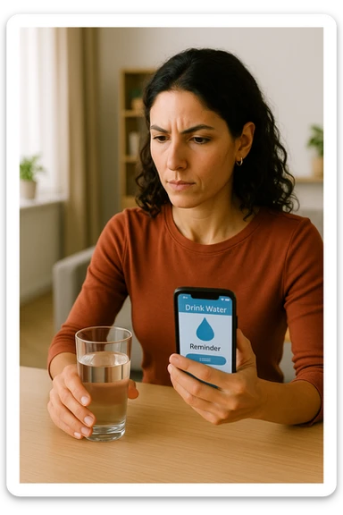 Donna che usa App per ricordarsi di bere, altrimenti non beve mai testo in italiano sticker