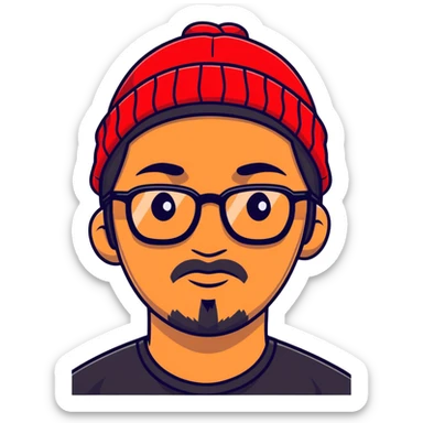 Asian man with black goatee, glasses, wearing a small red beanie sticker