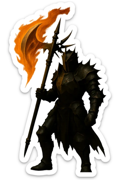 Remove the background, keep only the scary knight holding the super realistic flaming halbert, preserve all details. The style should maintain the realistic and detailed look of the original image. sticker
