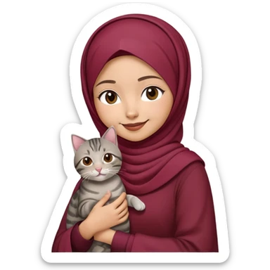 Asian white girl wearing  maroon hijab with dress holding a black grey tabby cat while smiling sticker