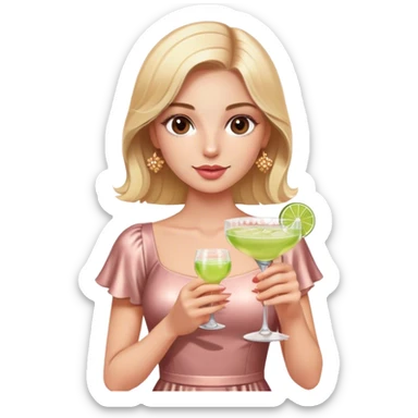 Pretty Blonde model, brown eyes, wearing a rose gold dress with short sleeves, with a margarita glass sticker