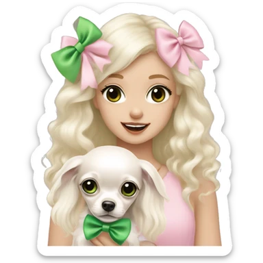 pale blonde girl with long platinum white wavy hair with bright green eyes and wearing a light pink hair bow holding a black and white long haired chihuahua puppy also wearing a hair bow sticker