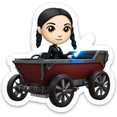 Wednesday Addams Jedi bounty hunter driving a modern blue,red and pewter steampunk electric wagon sticker