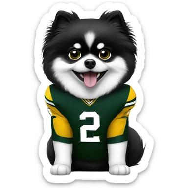 Black and white Pomeranian wearing Green Bay Packers sticker