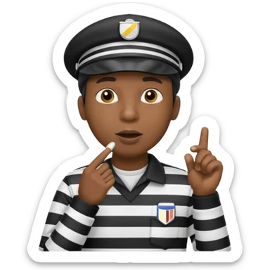 A black calm referee with striped shirt, wearing a cap while blowing a whistle, pointing clearly toward the field. sticker