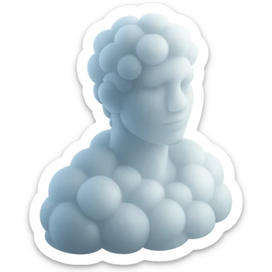 person looking straight, composed entirely of white fluffy convex clouds, shoulder up, matte glass style sticker