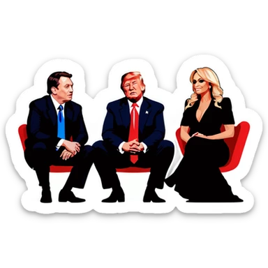 Four people, Trump, Stormy Daniels, Musk, and Bezos, side-by-side, sit sticker