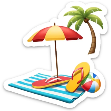 Icon for Beach Tourism: a sandy beach with a beach umbrella, with the ocean landscape in the background, flip-flops, a towel and a beach ball. The icon should capture the relaxation and fun of beach vacations. Transparent background. sticker