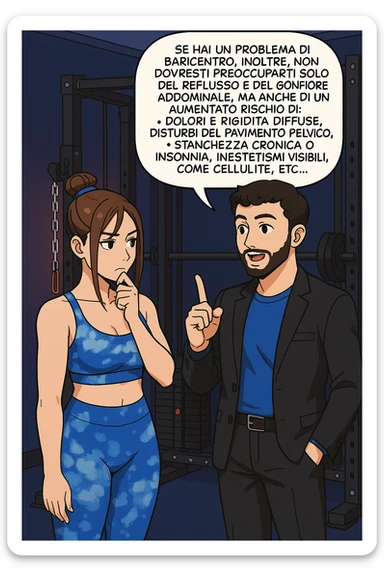 TRASFORMA QUESTO CAROSELLO IN UN FUMETTO STILE WEBTOON/MANGA A COLORI CON QUESTE DUE PERSONE IDENTICHE CHE INTERLOQUISCONO TRA LORO, L'uomo sta spiegando alla donna questo concetto MENTRE LA DONNA SI TIENE L'INDICE SUL MENTO ASCOLTANDOLO PENSIEROSA:

Se hai un problema di baricentro, inoltre, non dovresti preoccuparti solo del reflusso e del gonfiore addominale, ma anche di un aumentato rischio di:
    • dolori e rigidità diffuse
    • disturbi pavimento pelvico
    • stanchezza cronica o insonnia
    • inestetismi visibili, come celluluite
    • etc… sticker