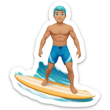 human male surfer riding a turquoise wave, muscular torso, shorts, big smile, bright sun, centered emoji, summer palette sticker