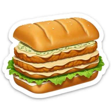 schnitzel sandwich: an oblong roll topped with a schnitzel, placed on a lettuce leaf, the schnitzel is drizzled with remoulade, there is no cheese or other ingredients sticker
