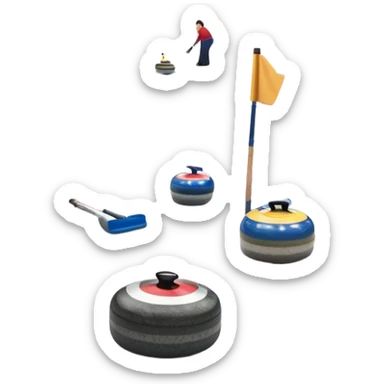 An icon showing a curling match on an indoor ice stadium, with a polished curling stone gliding toward the target and players sweeping. Spectators watch from stands, and flags hang above the rink. Transparent background highlights strategy and focus in the sport of curling. sticker