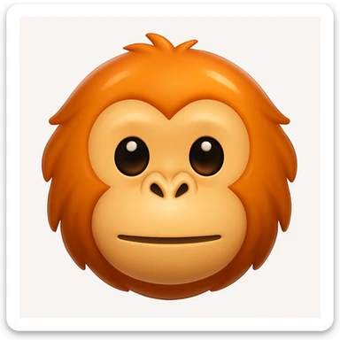 Make a more iOS emoji-like image that looks exactly like the reference: orangutan face, 3D, shiny, smooth gradients, soft shadows, and a friendly emoji look. Add a glossy effect to the fur. The style should mimic the iOS emoji style with smooth shading and a friendly expression. sticker