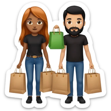 Chica con cabello cobrizo largo y chico con cabello y barba negra los dos vestidos de jeans y camiseta negra con bolsas de compras  sticker