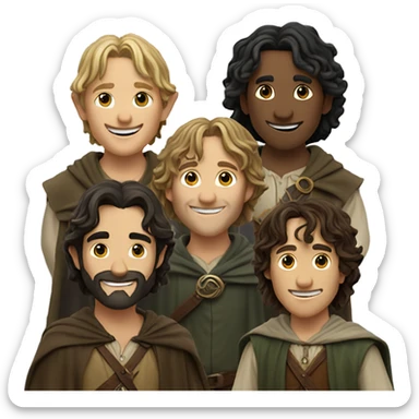 The main characters of "Lord Of The Rings" standing, smiling, facing the camera & waving goodbye. sticker