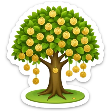 Apple-style money tree, round soft green canopy.
No pot, no ground — only the tree.
Small gold coins as fruits inside the leaves (not below).
Flat 2D vector, clean shapes, no gradients.
Dark near-black background, premium fintech icon. sticker