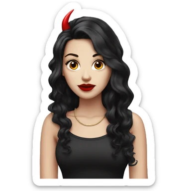 White Girl, red lipstick with red horns with long curly black hair sticker
