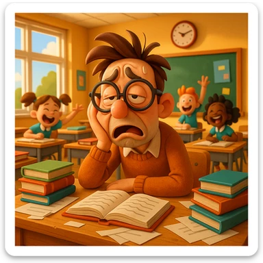 3d cartoon art of a exhausted teacher in a bustling classroom sticker