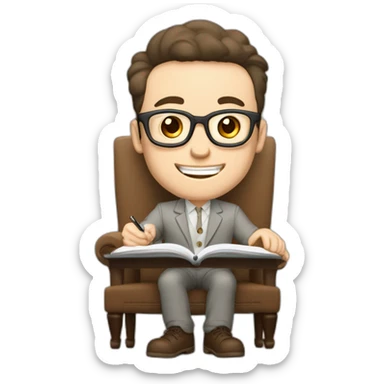 Joyful Celebrating victory Pale skinned Fit Man With dark brown hair in gray jacket, beige office shirt, Brown pants and vintage glasses sitting In a soft chair with a notebook and a pen sticker